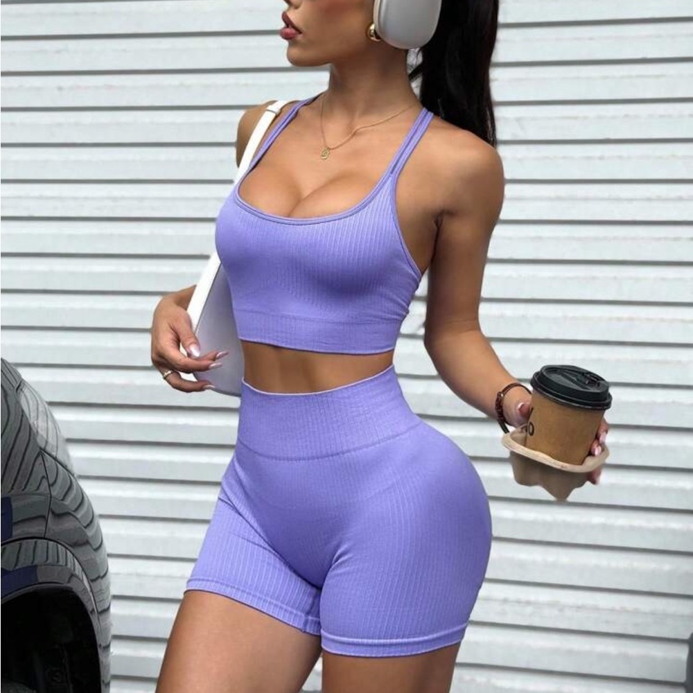 Women's Purple Ribbed Shorts Set